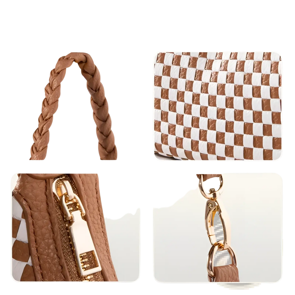 Woven vegan leather checkered hobo shoulder bag in brown and white with braided leather handle and gold-tone zipper pull