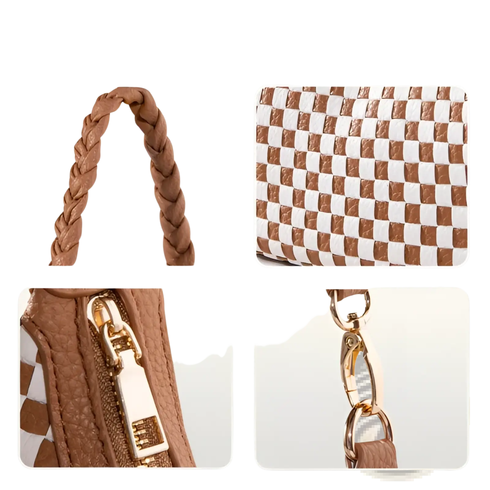 Woven vegan leather checkered hobo shoulder bag in brown and white with braided leather handle and gold-tone zipper pull