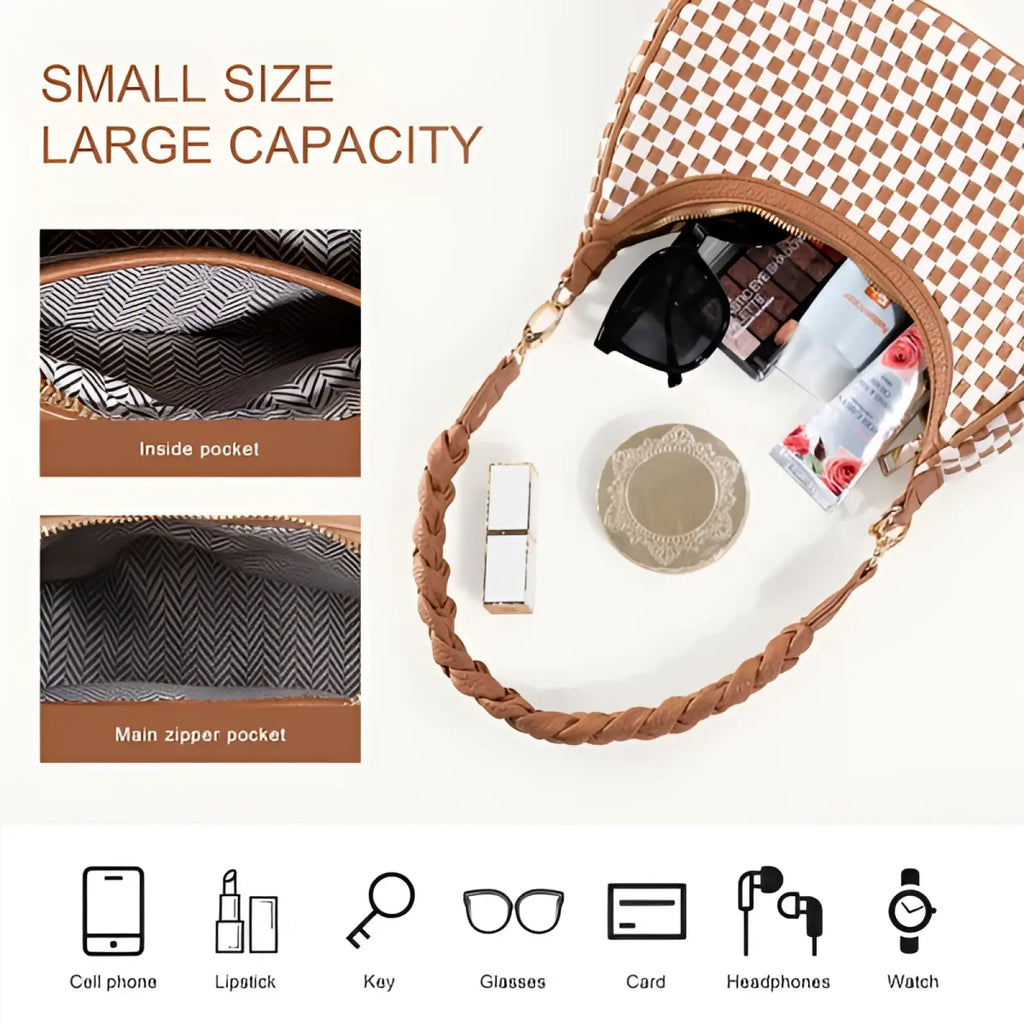 A tan and white woven vegan leather checkered hobo shoulder bag with braided strap and interior zipper pocket