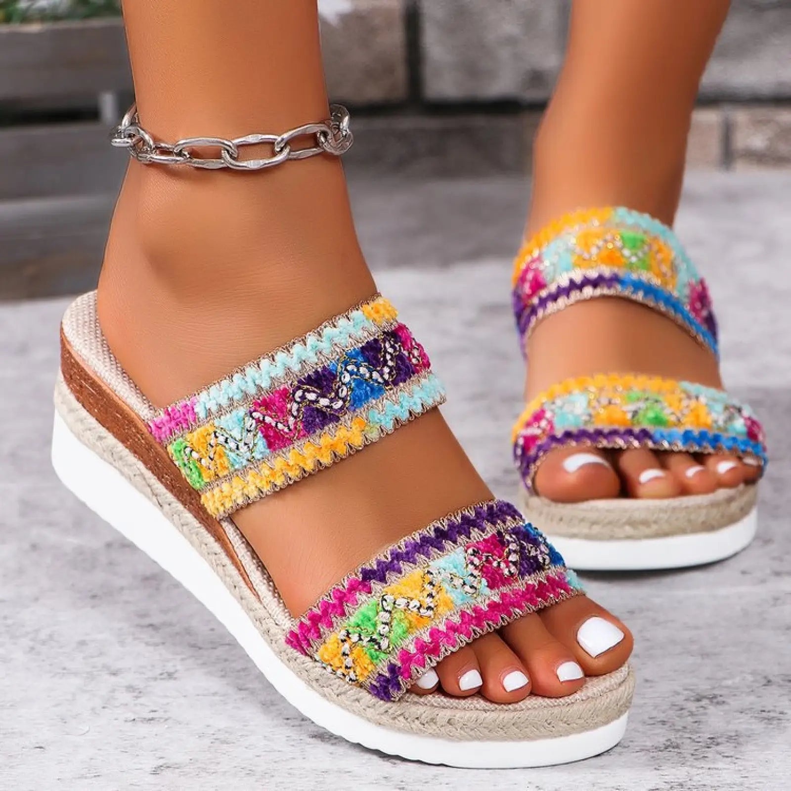 Colorful woven wavy pattern ethnic wedge sandals for women with white rubber sole and brown jute heel