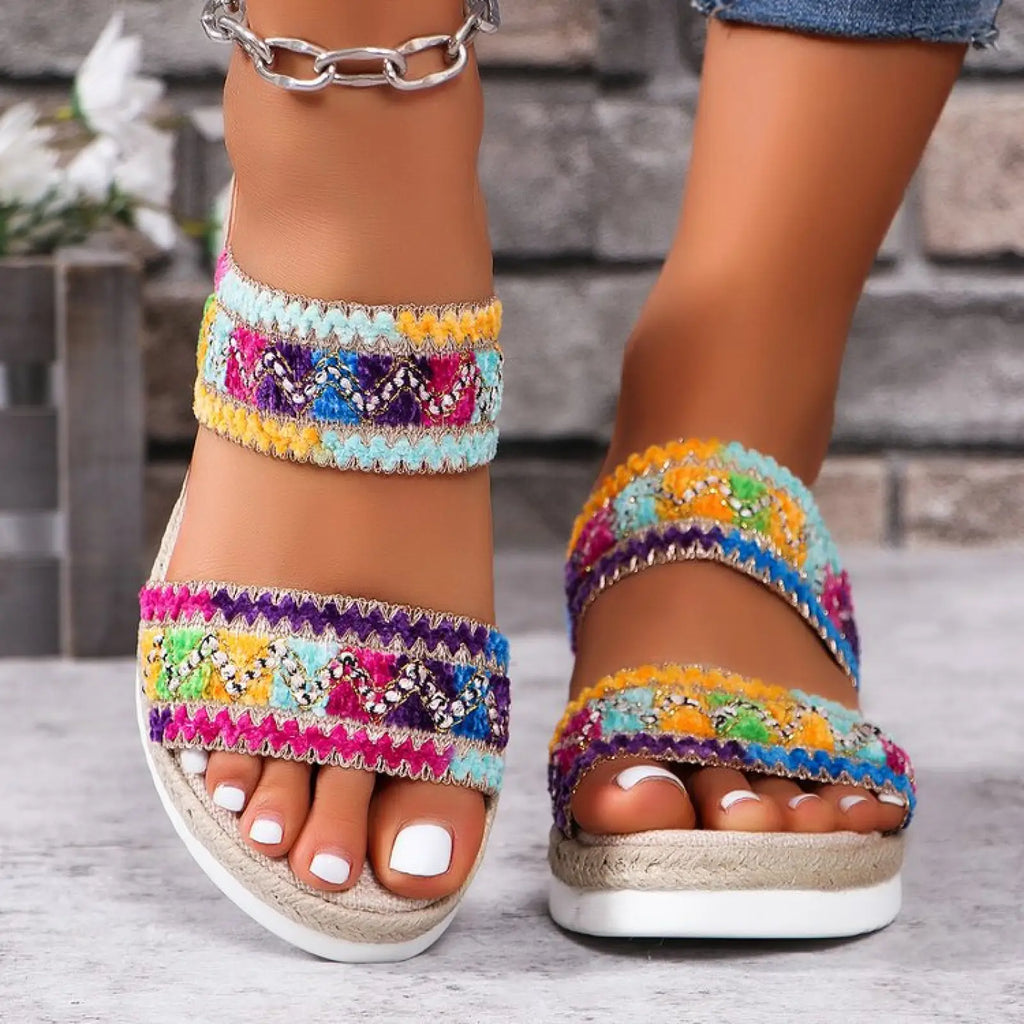 Colorful embroidered strap woven wavy pattern ethnic wedge sandals for women with espadrille sole and white rubber heel