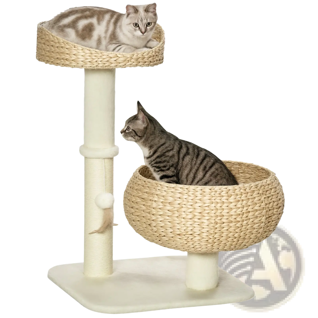 Beige woven wicker elevated cat bed with two hammock-style platforms and a scratching post for cats