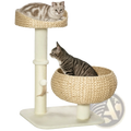 Beige woven wicker elevated cat bed with two hammock-style platforms and a scratching post for cats