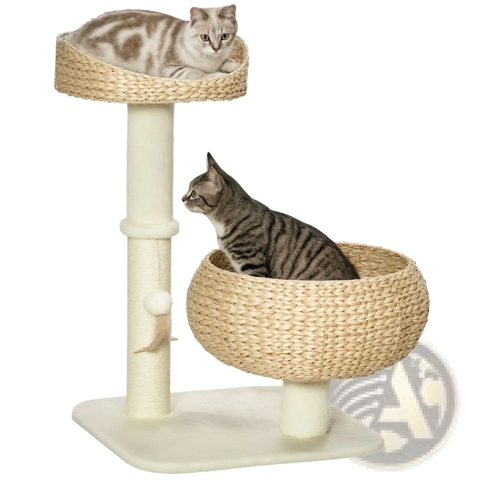 Beige woven wicker elevated cat bed with two hammock-style platforms and a scratching post for cats