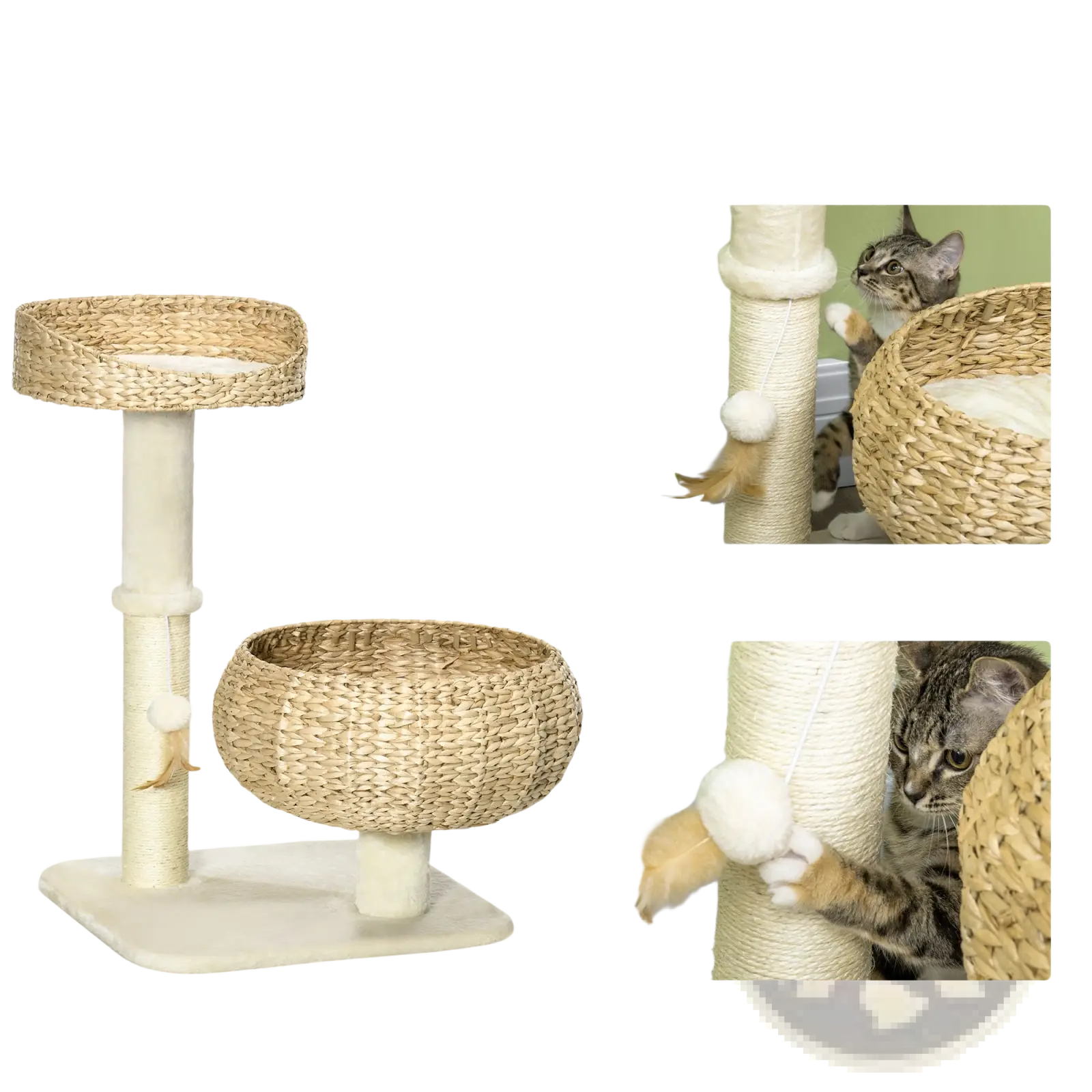 Beige woven wicker elevated cat bed with sisal scratching posts and hanging ball toy for feline entertainment