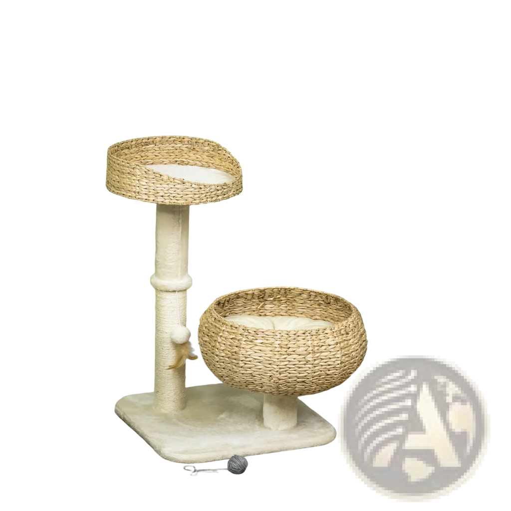 Natural woven wicker elevated cat bed and scratching post with round top platform and cushioned bowl-shaped base