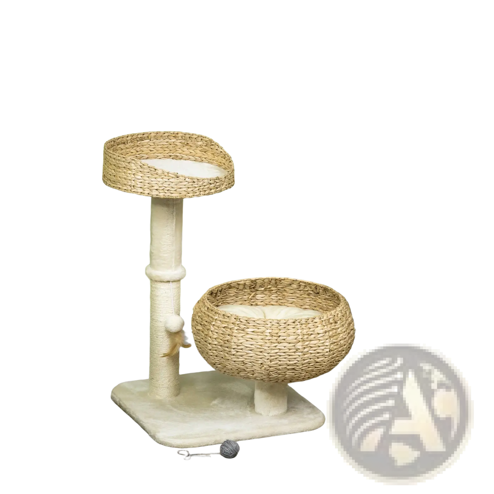 Natural woven wicker elevated cat bed and scratching post with round top platform and cushioned bowl-shaped base