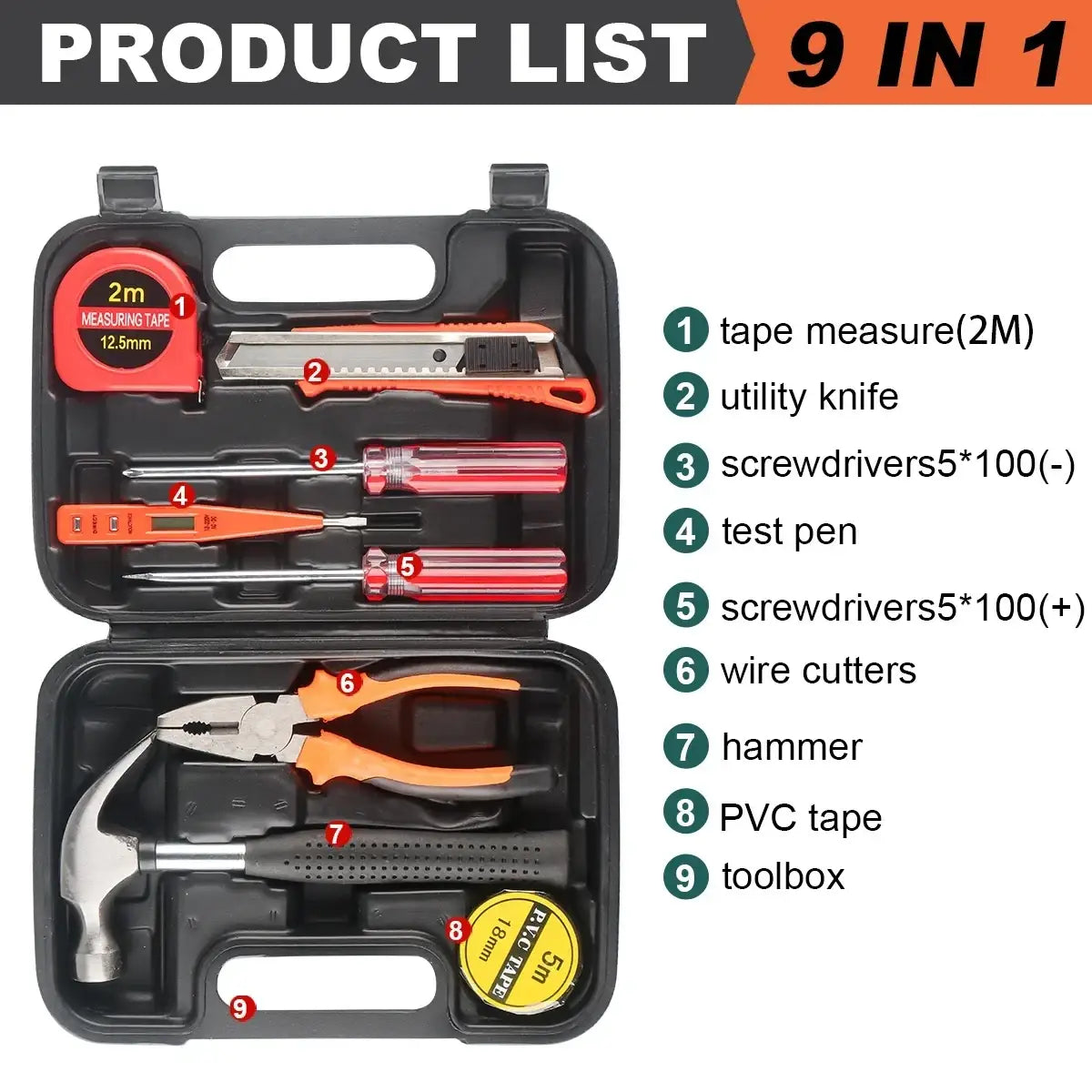 Black plastic 9-in-1 Wozobuy household hand tool set with orange red handles and storage case including tape measure and hammer