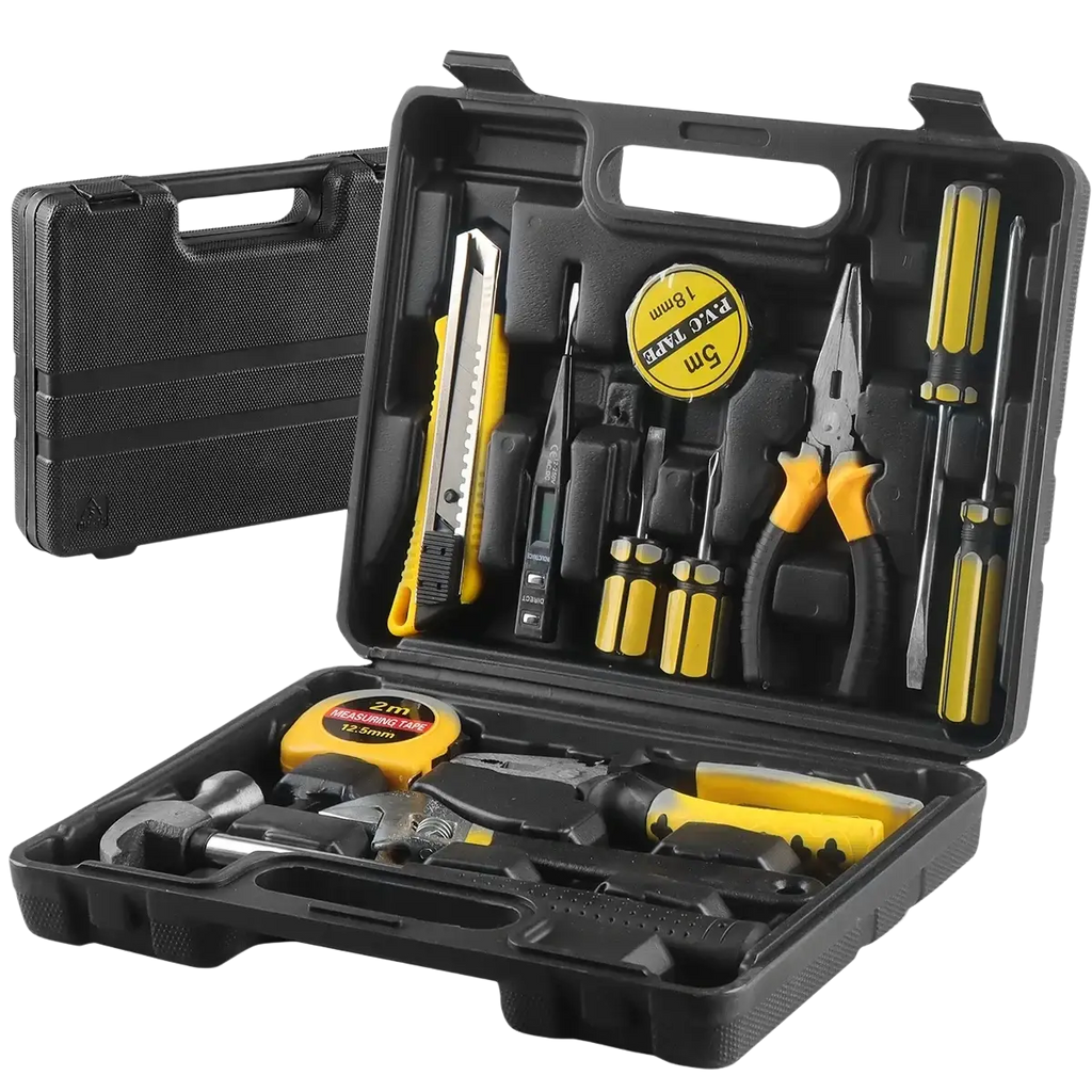 Wozobuy household hand tool set with black and yellow hard plastic case containing screwdrivers pliers hammer and measuring tape