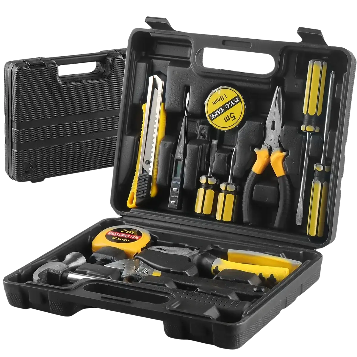 Wozobuy household hand tool set with black and yellow hard plastic case containing screwdrivers pliers hammer and measuring tape