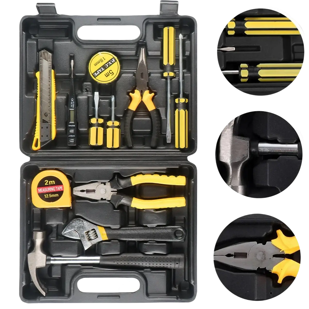 Wozobuy household hand tool set with black and yellow plastic handles metal tools including pliers hammer and tape measure