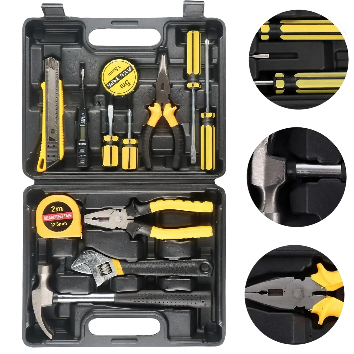 Wozobuy household hand tool set with black and yellow plastic handles metal tools including pliers hammer and tape measure