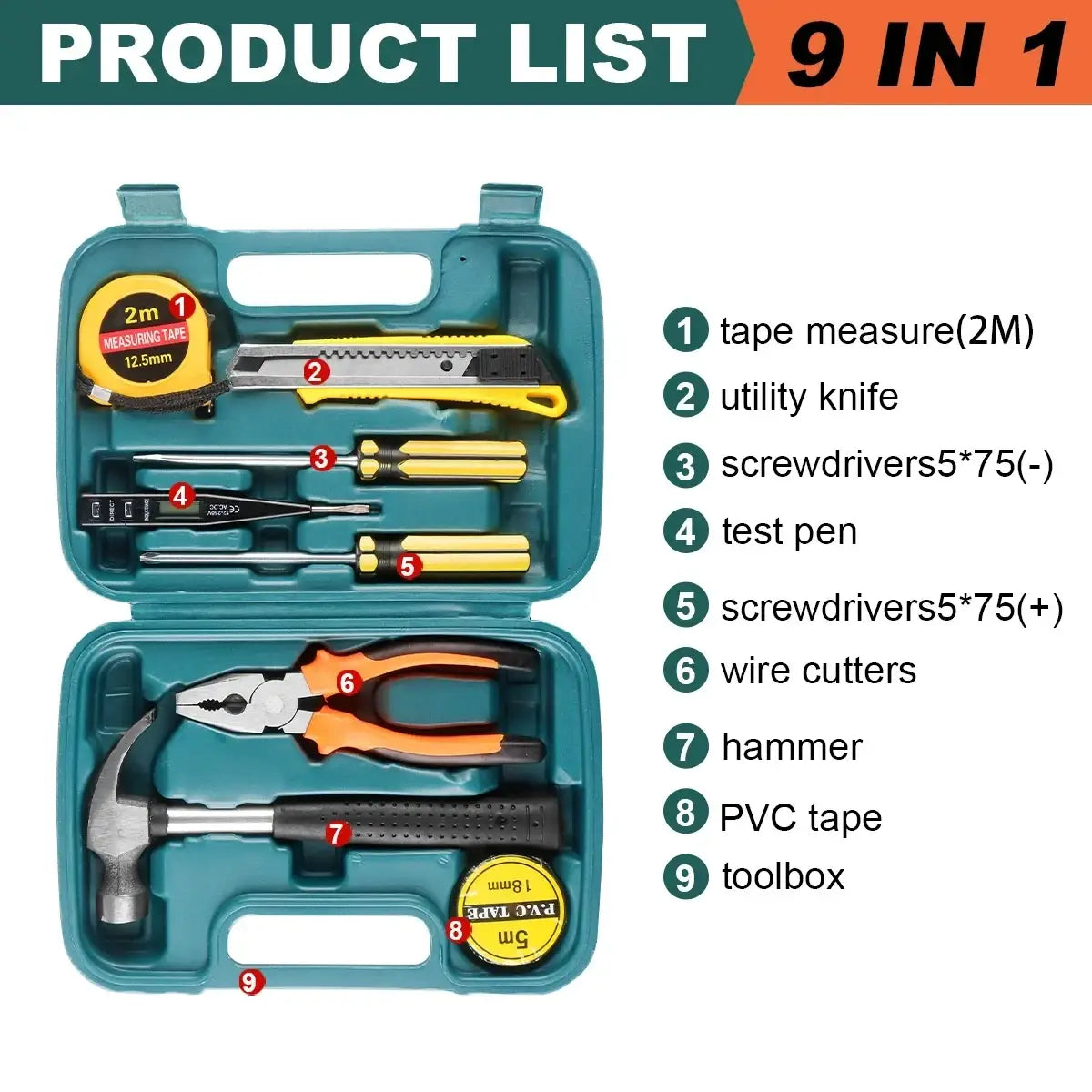 Teal plastic 9-in-1 wozobuy household hand tool set with yellow and black handles in storage case