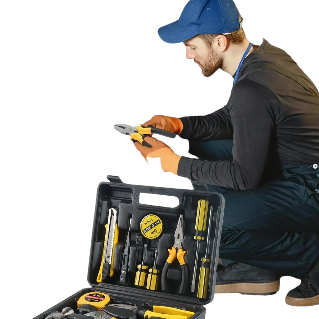 Wozobuy household hand tool set with yellow and black handles neatly organized in a plastic storage case