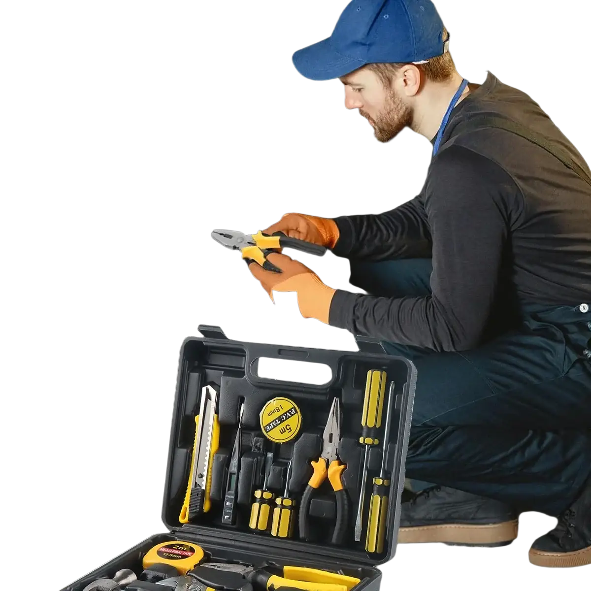 Wozobuy household hand tool set with yellow and black handles neatly organized in a plastic storage case