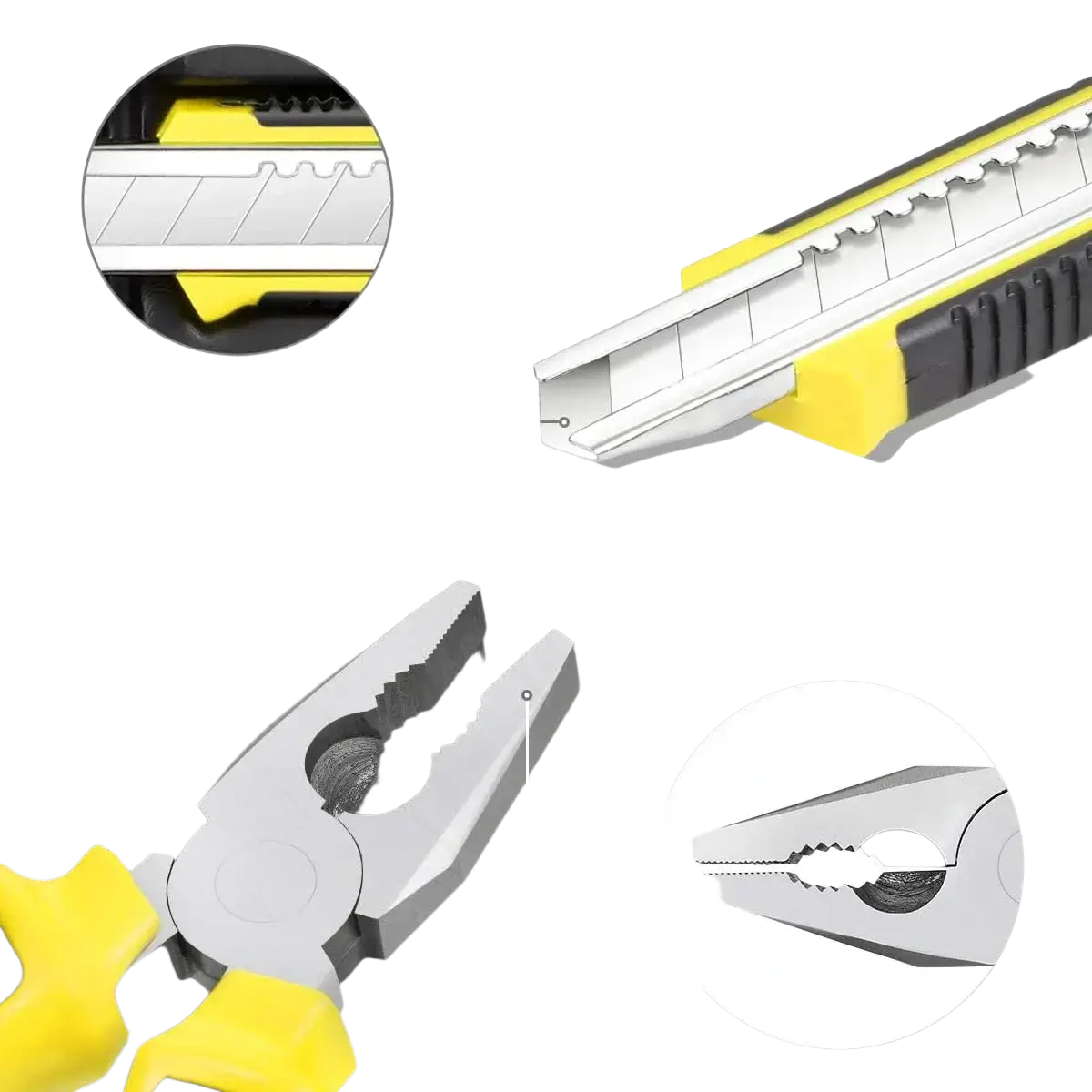 Yellow and black utility knife with retractable blade and 10 replacement blades in Wozobuy household hand tool set with case