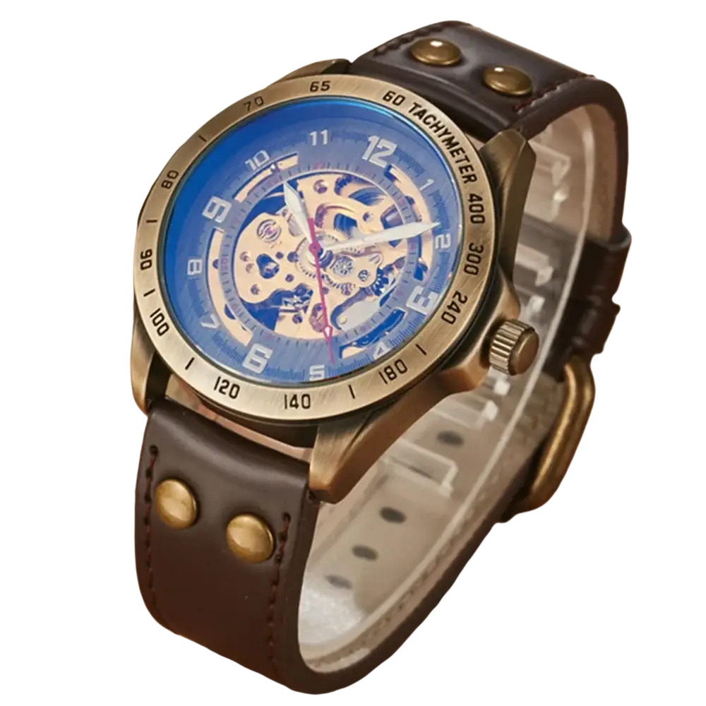 Automatic mechanical men’s watch with blue skeleton dial brass case and dark brown leather strap with gold studs