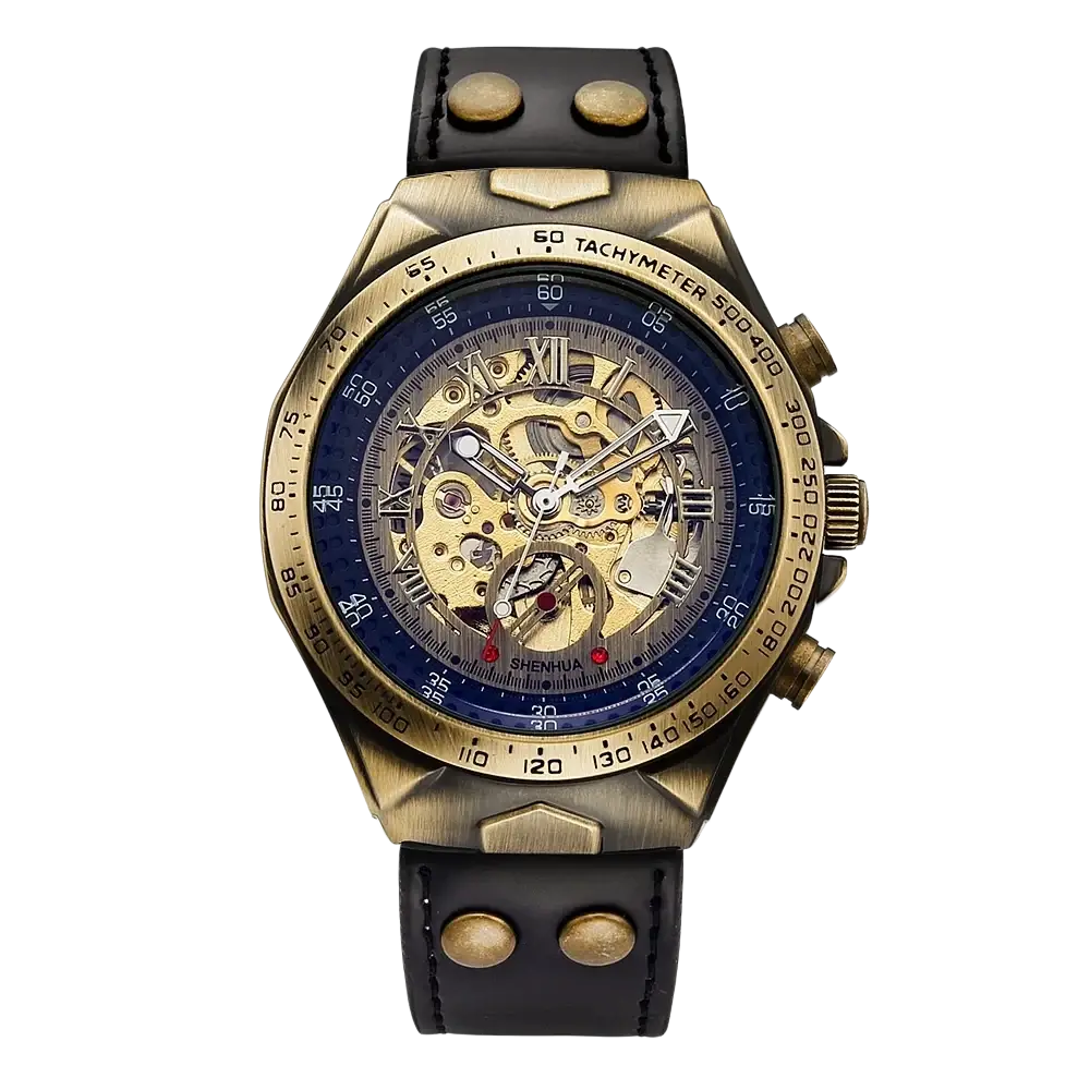 Automatic mechanical watch men retro leather skeleton featuring a brass-tone case, blue dial, and black leather strap with gold studs