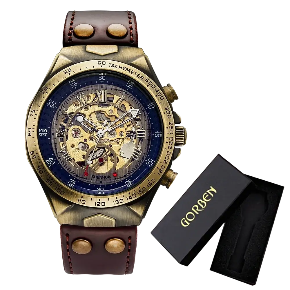Automatic mechanical watch men with bronze-toned skeleton design blue dial roman numerals and dark brown leather straps