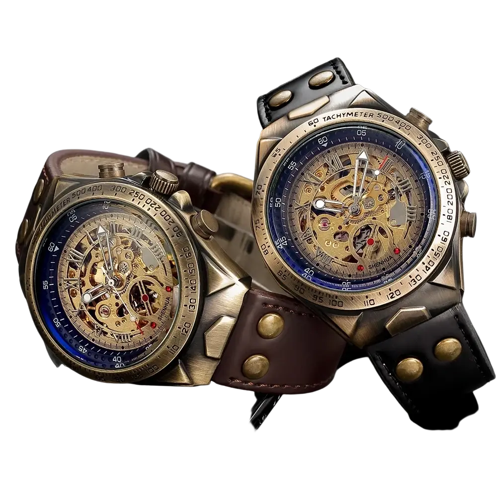 Two vintage-style automatic mechanical watches with brass cases blue skeleton dials and brown leather straps for men