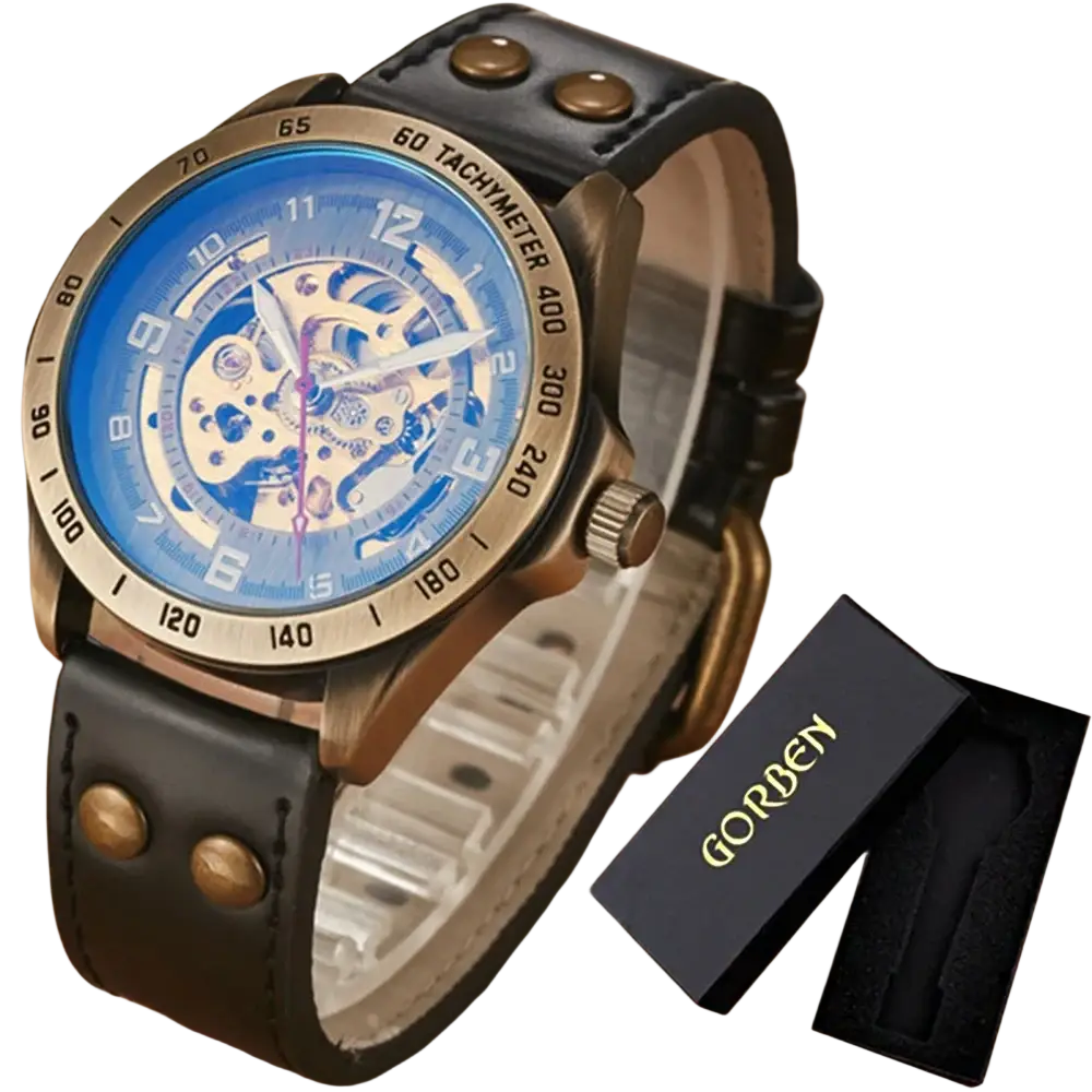 Vintage-style automatic mechanical watch with blue skeleton dial, brass-tone case, and black leather strap with gold studs