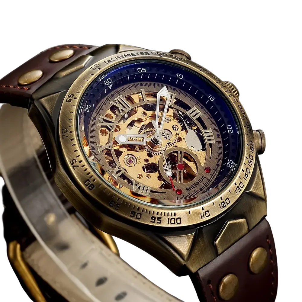 Automatic mechanical watch men retro leather skeleton with bronze case blue dial and brown leather strap