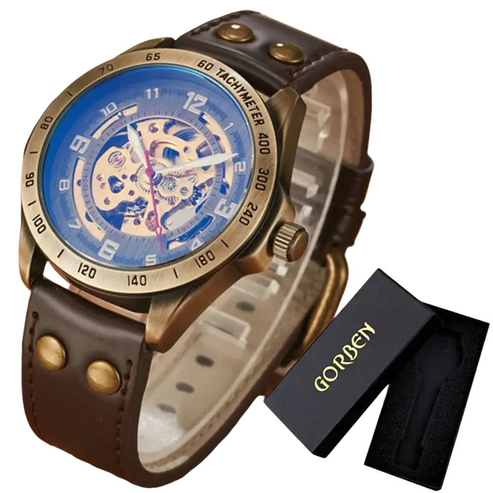 Automatic mechanical watch men retro leather skeleton with bronze tone, blue dial, exposed gears, and brown leather strap