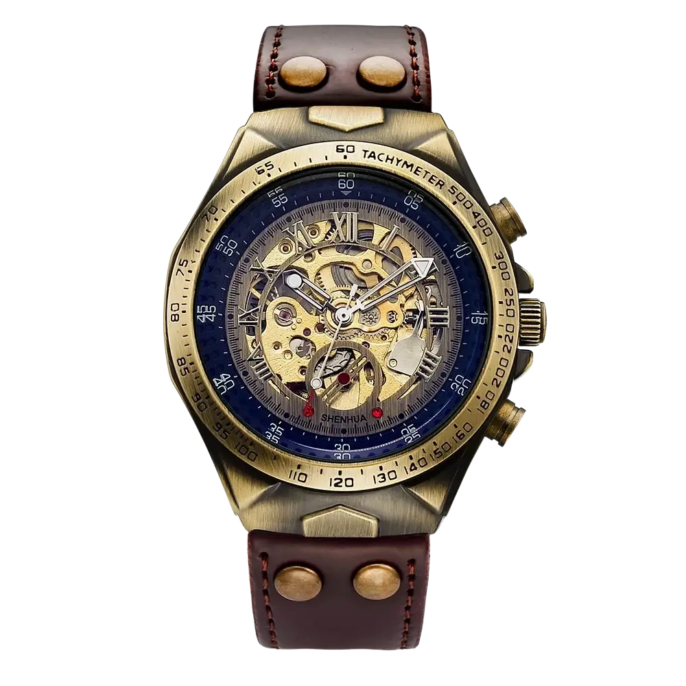 Automatic mechanical men’s watch with vintage brass skeleton casing, blue dial, roman numerals, and brown leather strap
