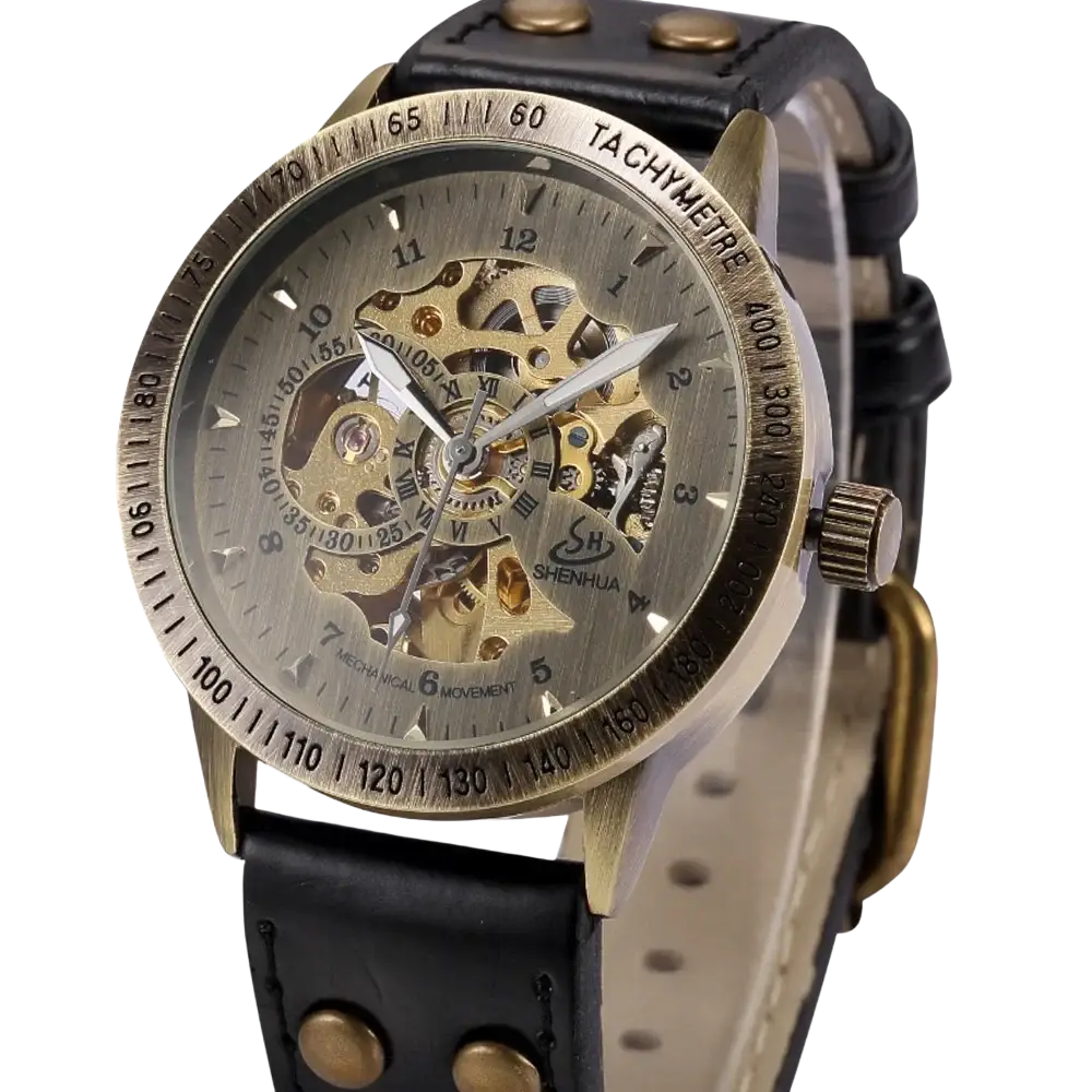 Automatic mechanical watch men retro leather skeleton with bronze case black strap visible gears and roman numerals face