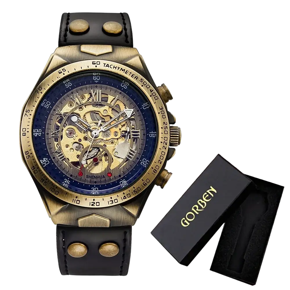 Bronze automatic mechanical skeleton chronograph watch with blue dial and black leather strap for men