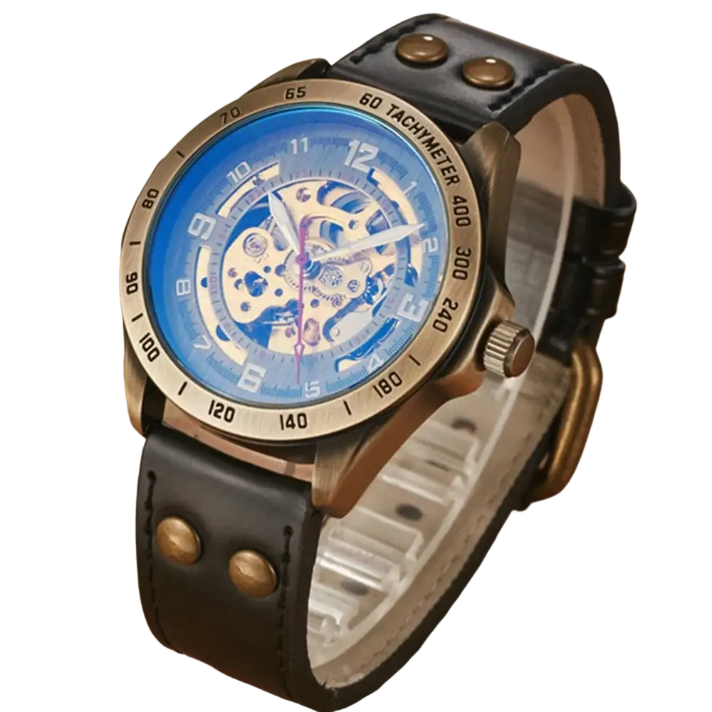 Automatic mechanical watch men retro leather skeleton with blue face brass-toned case and black leather strap