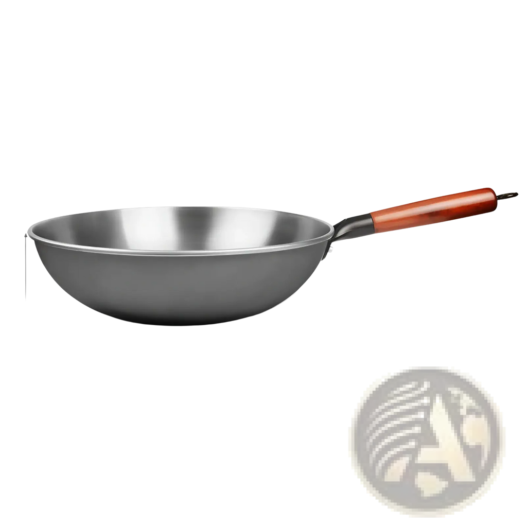 30cm stainless steel wok with wooden handle featuring a wrought iron nonstick cooking surface