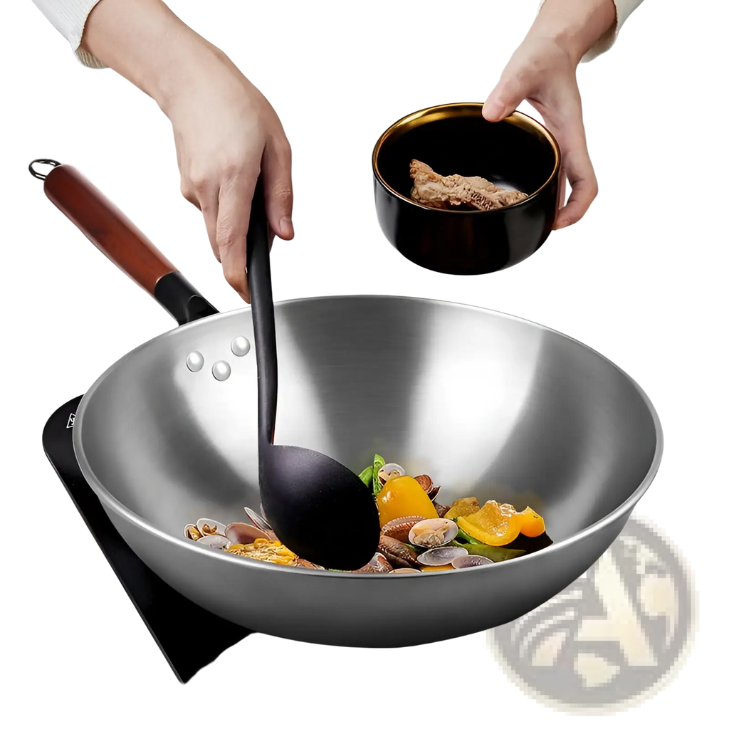 Shiny stainless steel wrought iron nonstick wok with wooden handle and black silicone ladle inside