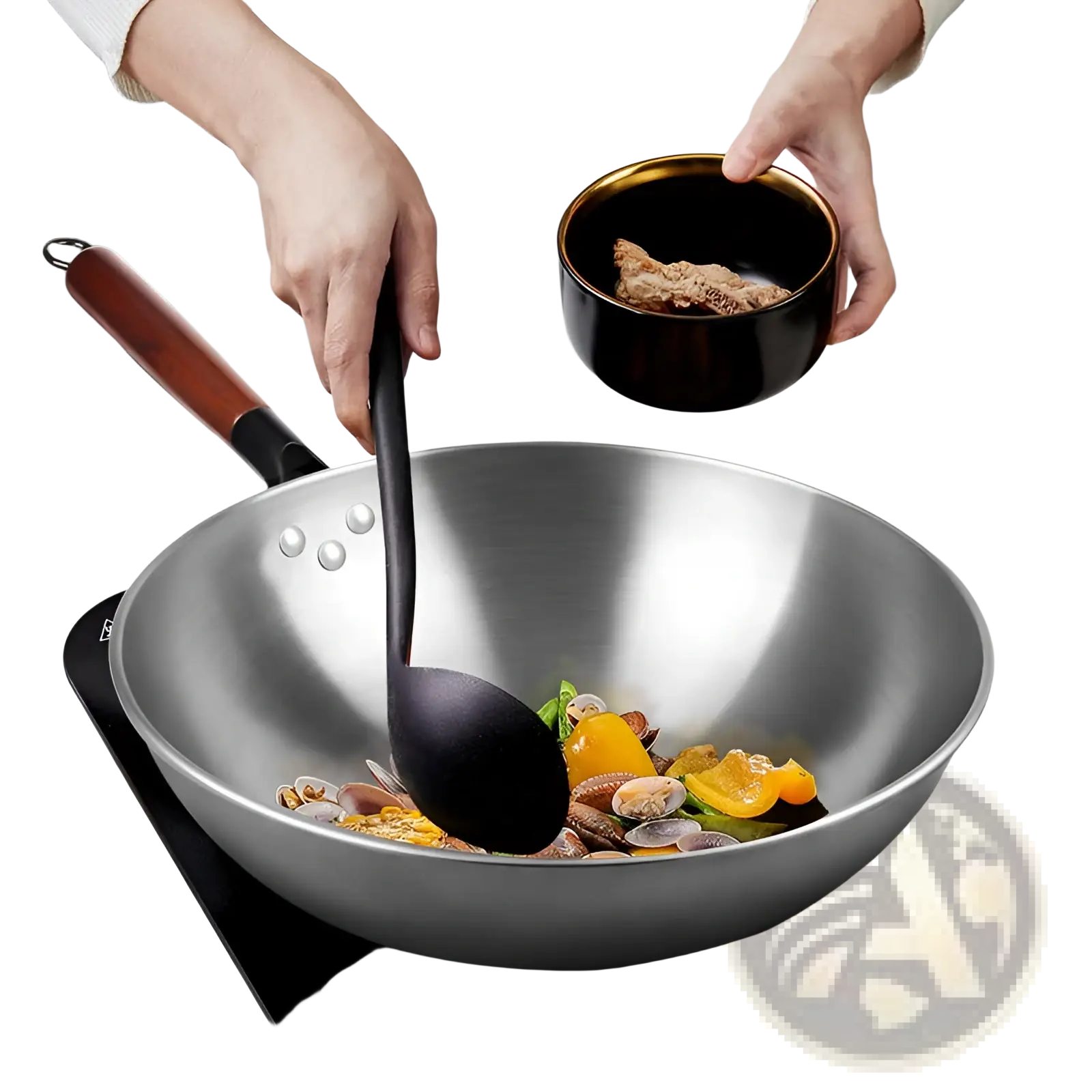 Shiny stainless steel wrought iron nonstick wok with wooden handle and black silicone ladle inside