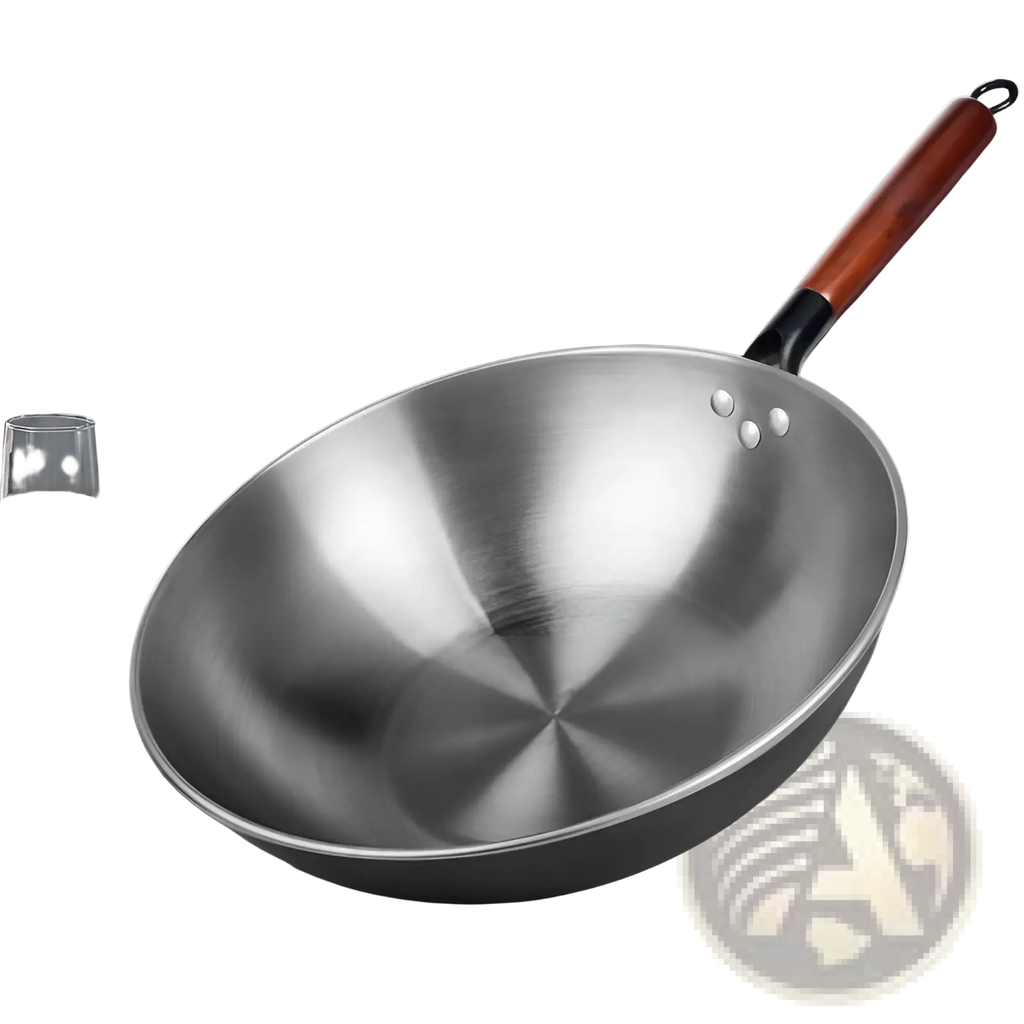Wrought iron nonstick wok with a sleek polished stainless steel body and rich brown wooden handle