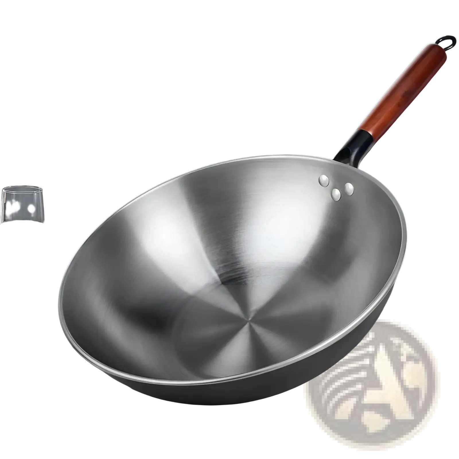 Wrought iron nonstick wok with a sleek polished stainless steel body and rich brown wooden handle