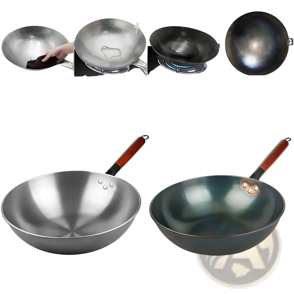 A sleek dark wrought iron nonstick wok with a wooden handle and three rivets on the side