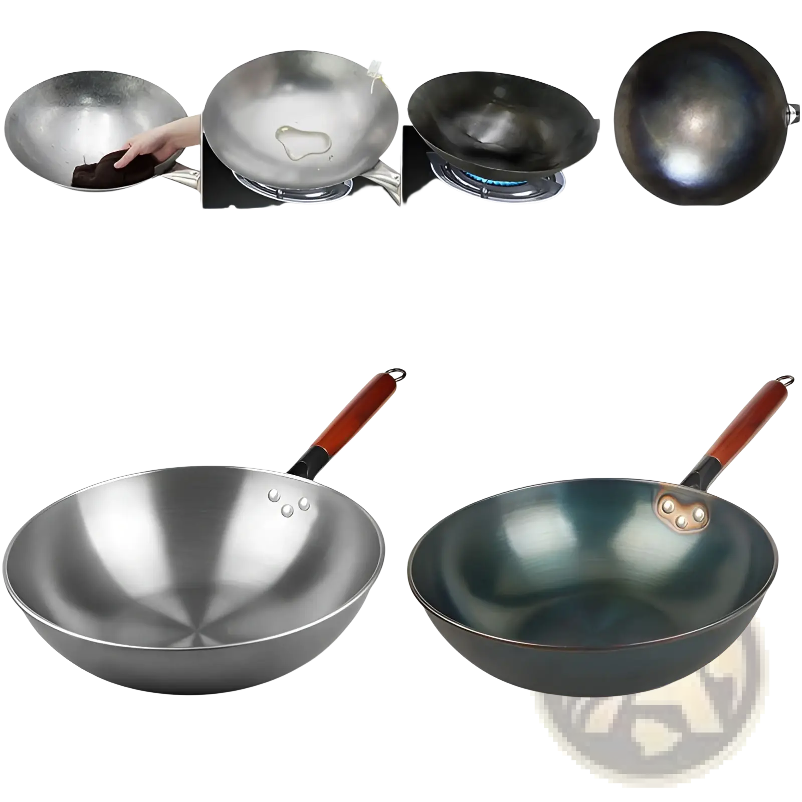 A sleek dark wrought iron nonstick wok with a wooden handle and three rivets on the side