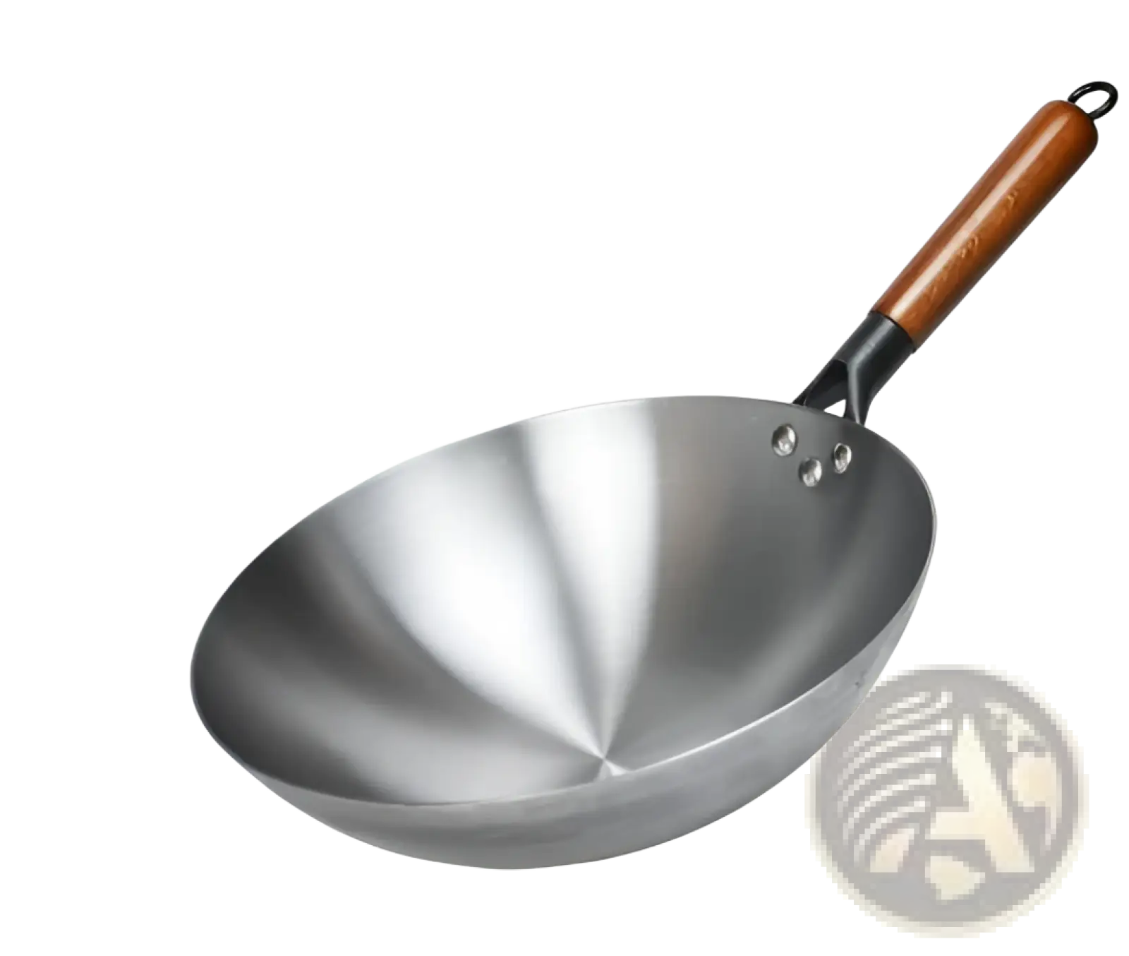 Silver stainless steel nonstick wok with wooden handle ideal for stir-frying and cooking Asian dishes