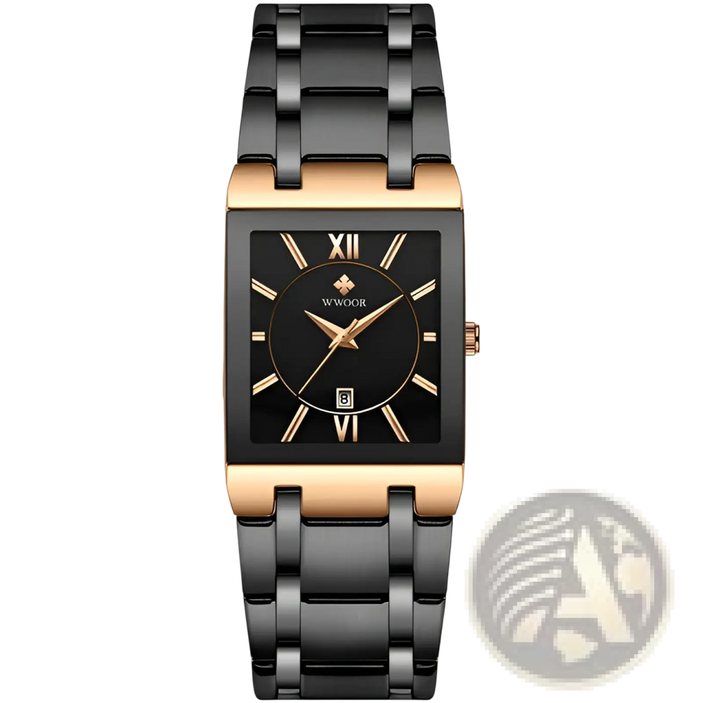 Wwoor blue square women watch luxury stainless steel with black and gold rectangular ceramic band and roman numeral dial