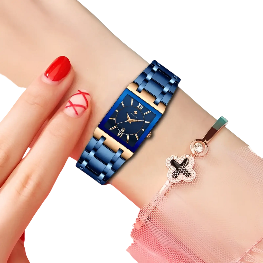 Wwoor blue square women watch luxury stainless steel with blue and gold rectangular dial on a metallic bracelet worn on wrist