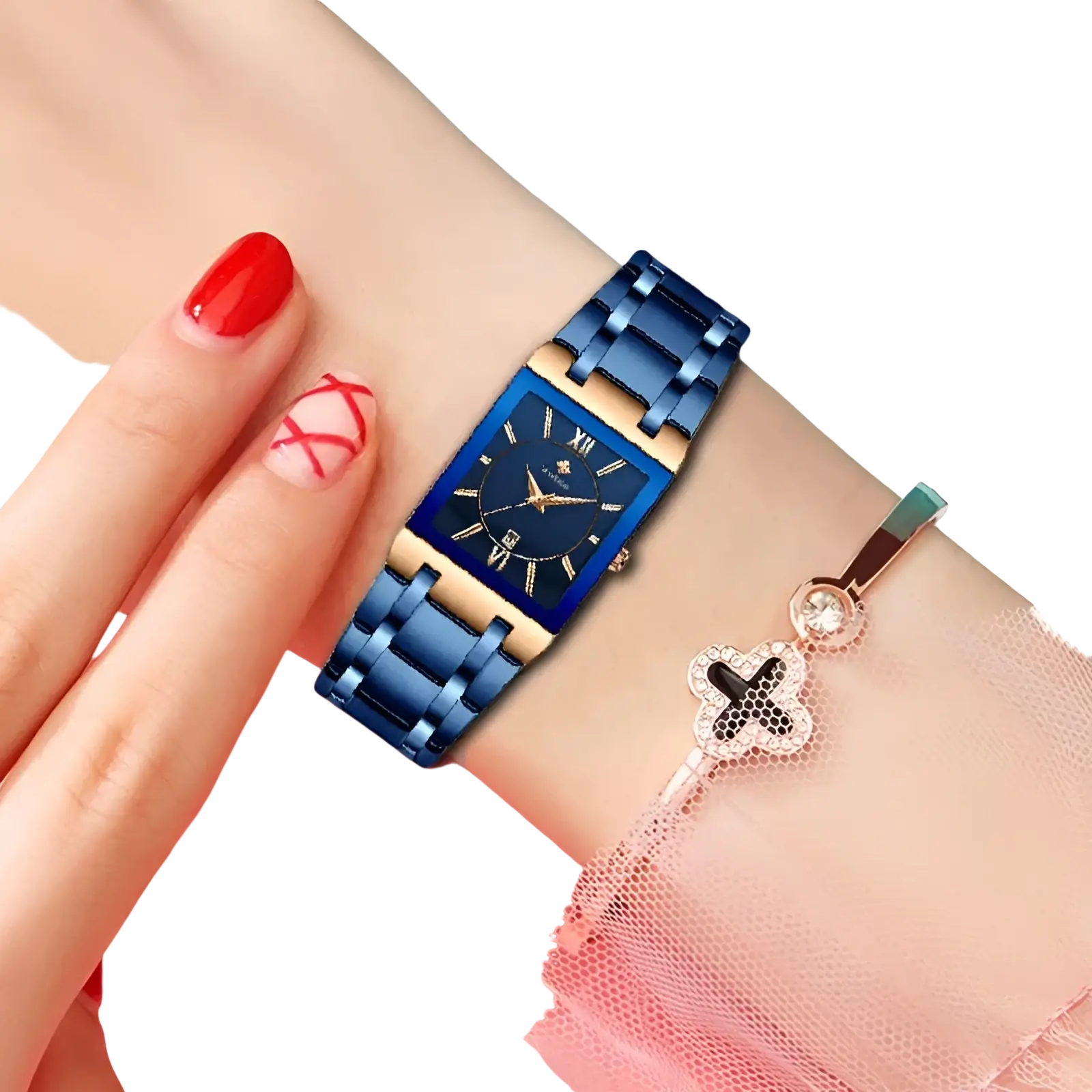Wwoor blue square women watch luxury stainless steel with blue and gold rectangular dial on a metallic bracelet worn on wrist