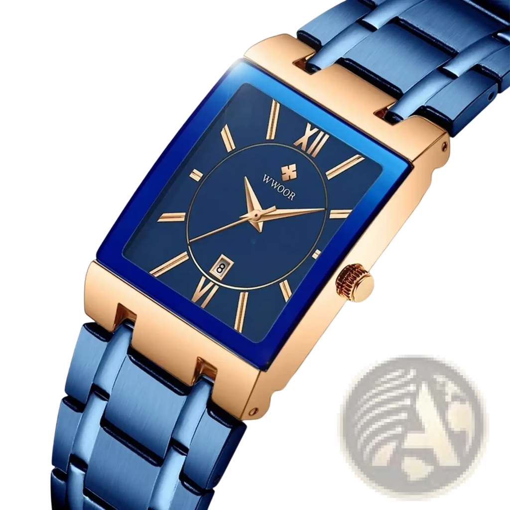 Wwoor blue square women watch luxury stainless steel with blue dial roman numerals and date window in gold and blue