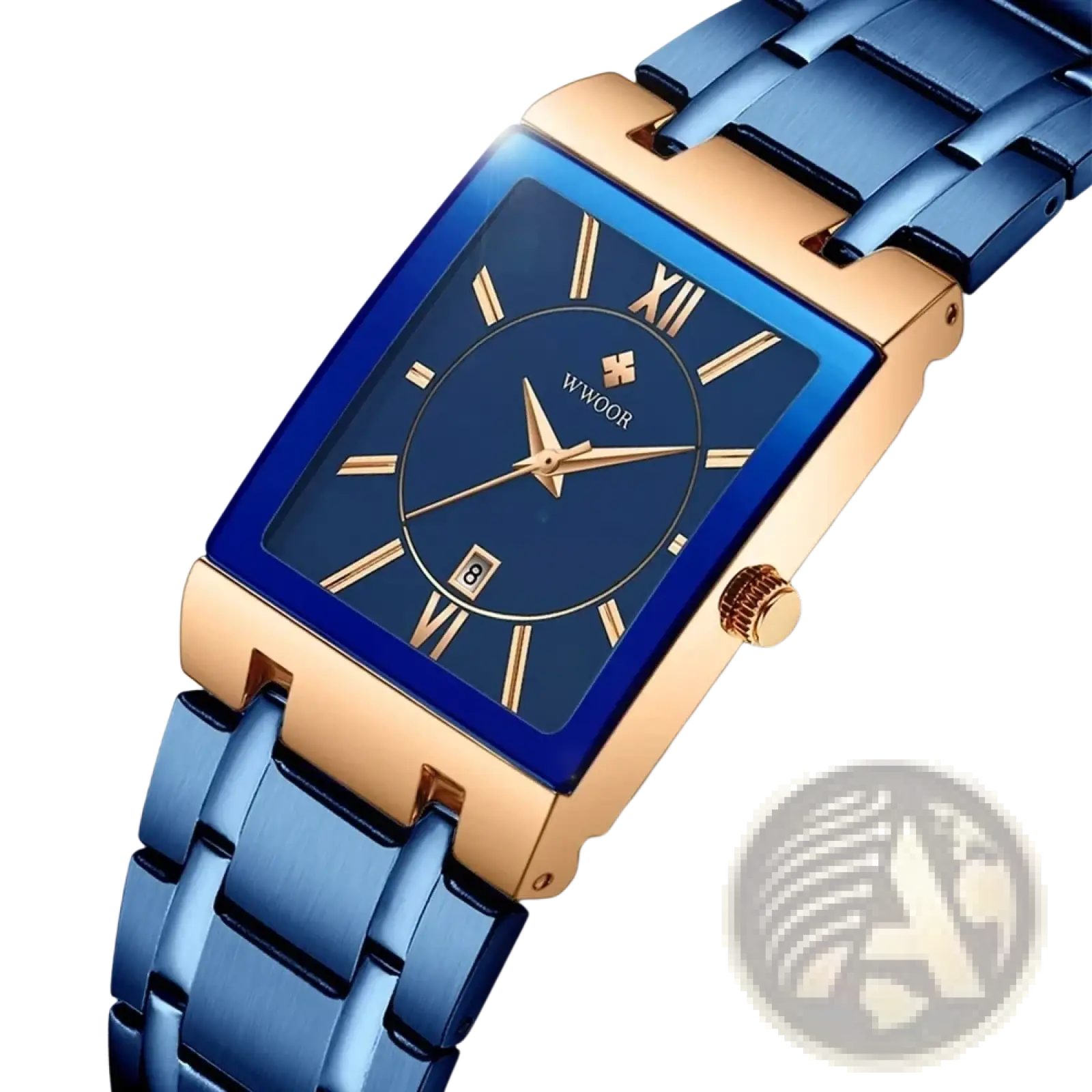 Wwoor blue square women watch luxury stainless steel with blue dial roman numerals and date window in gold and blue