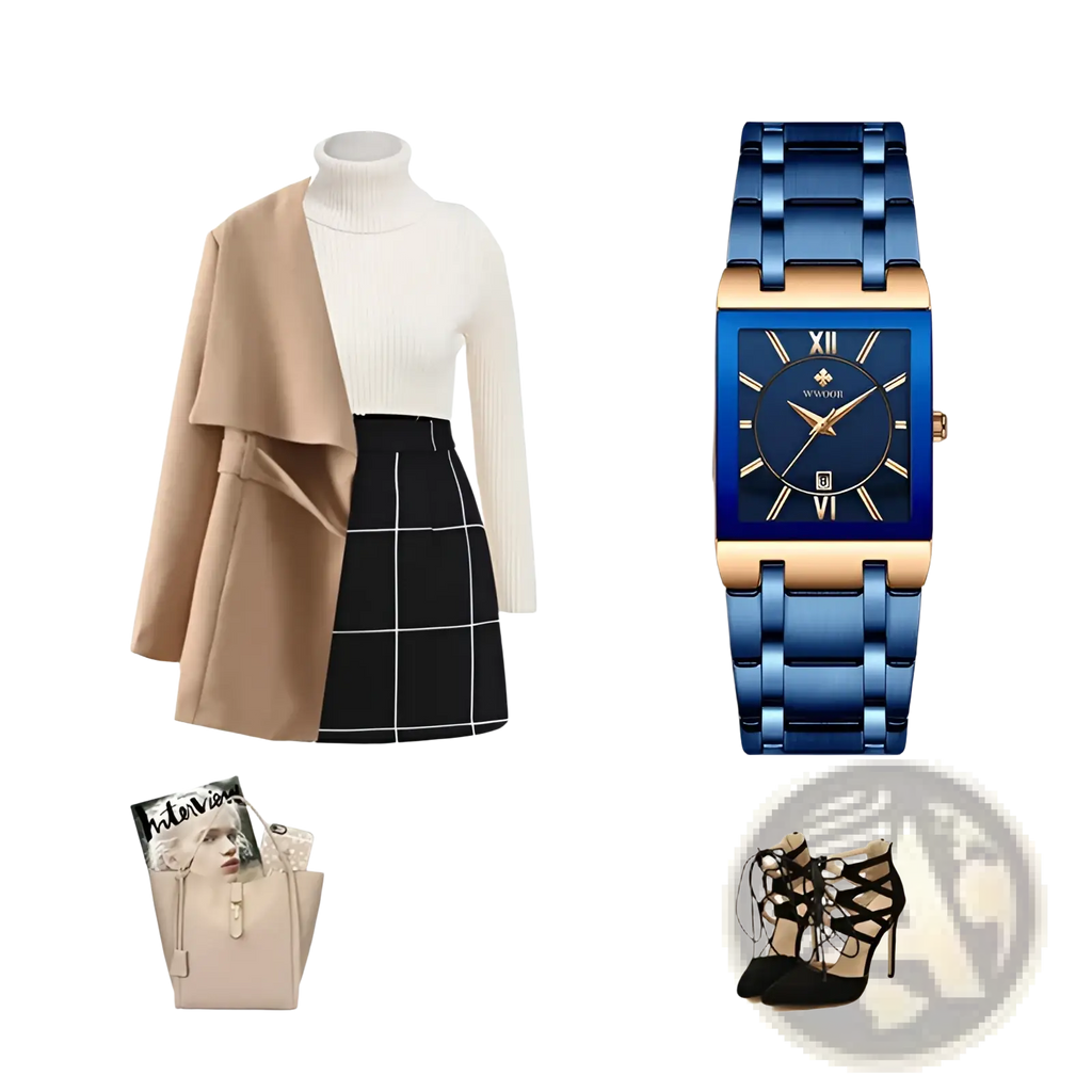 Wwoor blue and gold rectangular women watch with luxury stainless steel metallic bracelet