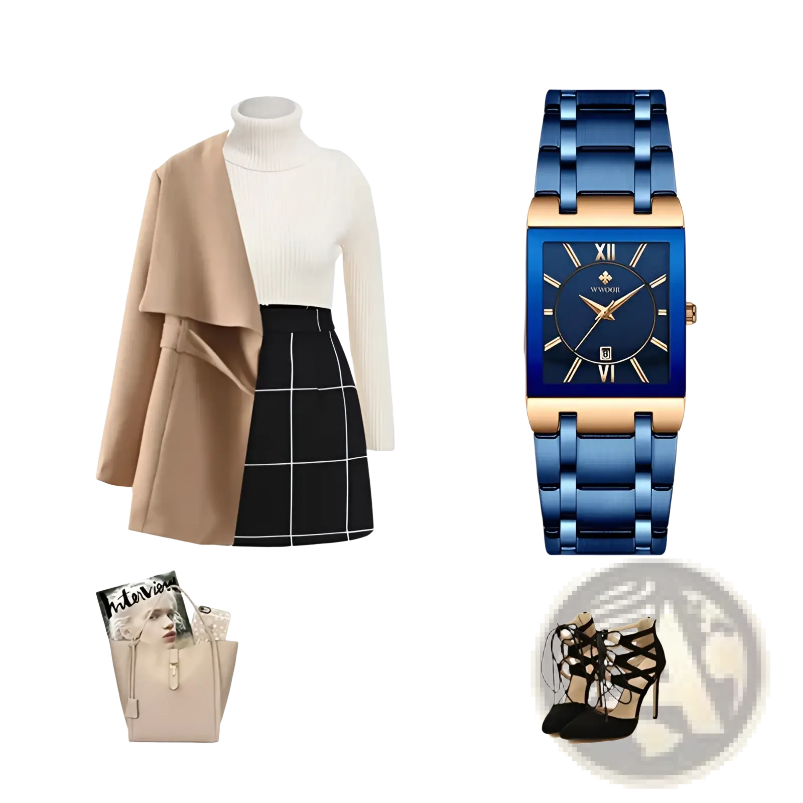 Wwoor blue and gold rectangular women watch with luxury stainless steel metallic bracelet