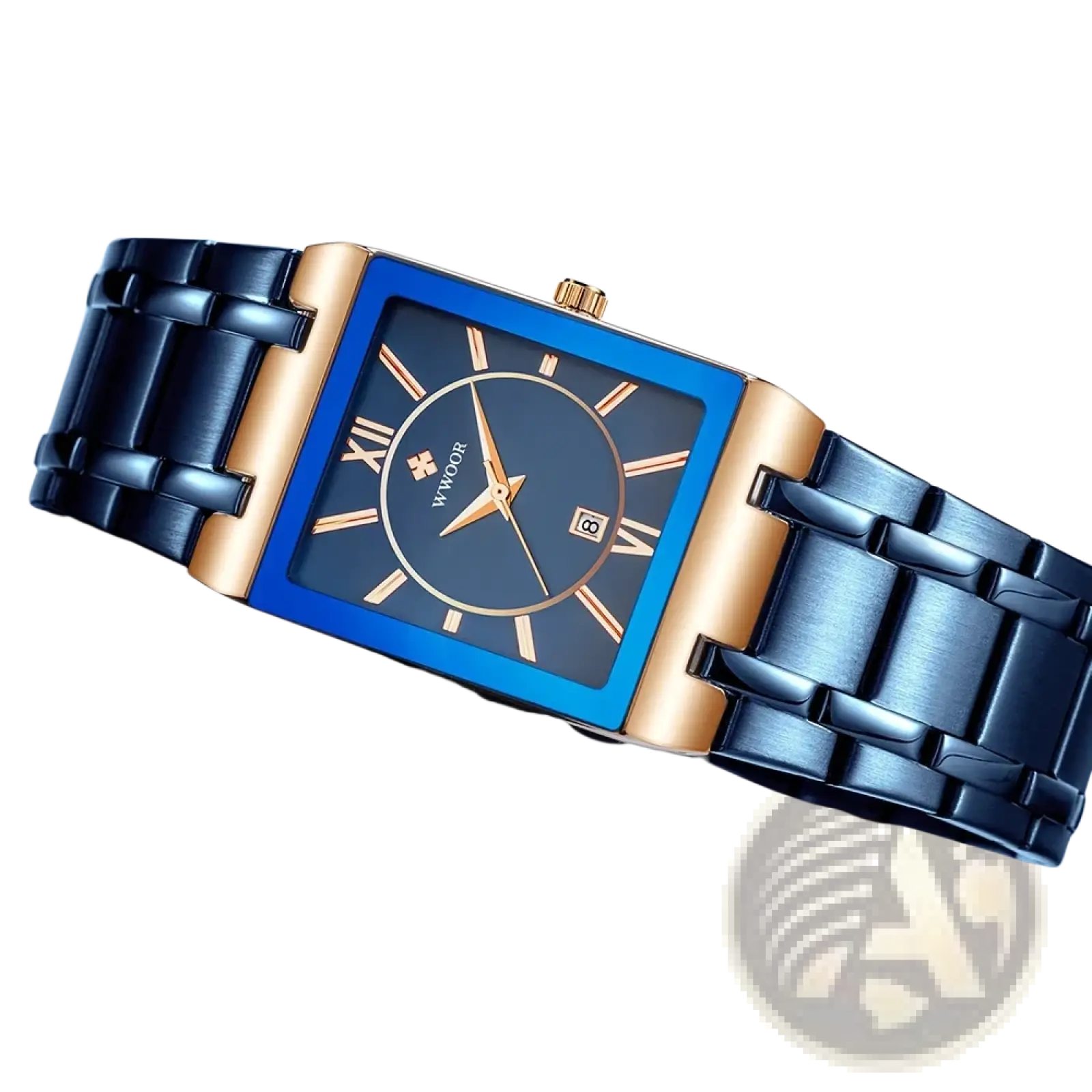 Wwoor blue square women watch luxury stainless steel with blue and gold rectangular case roman numerals dark blue dial