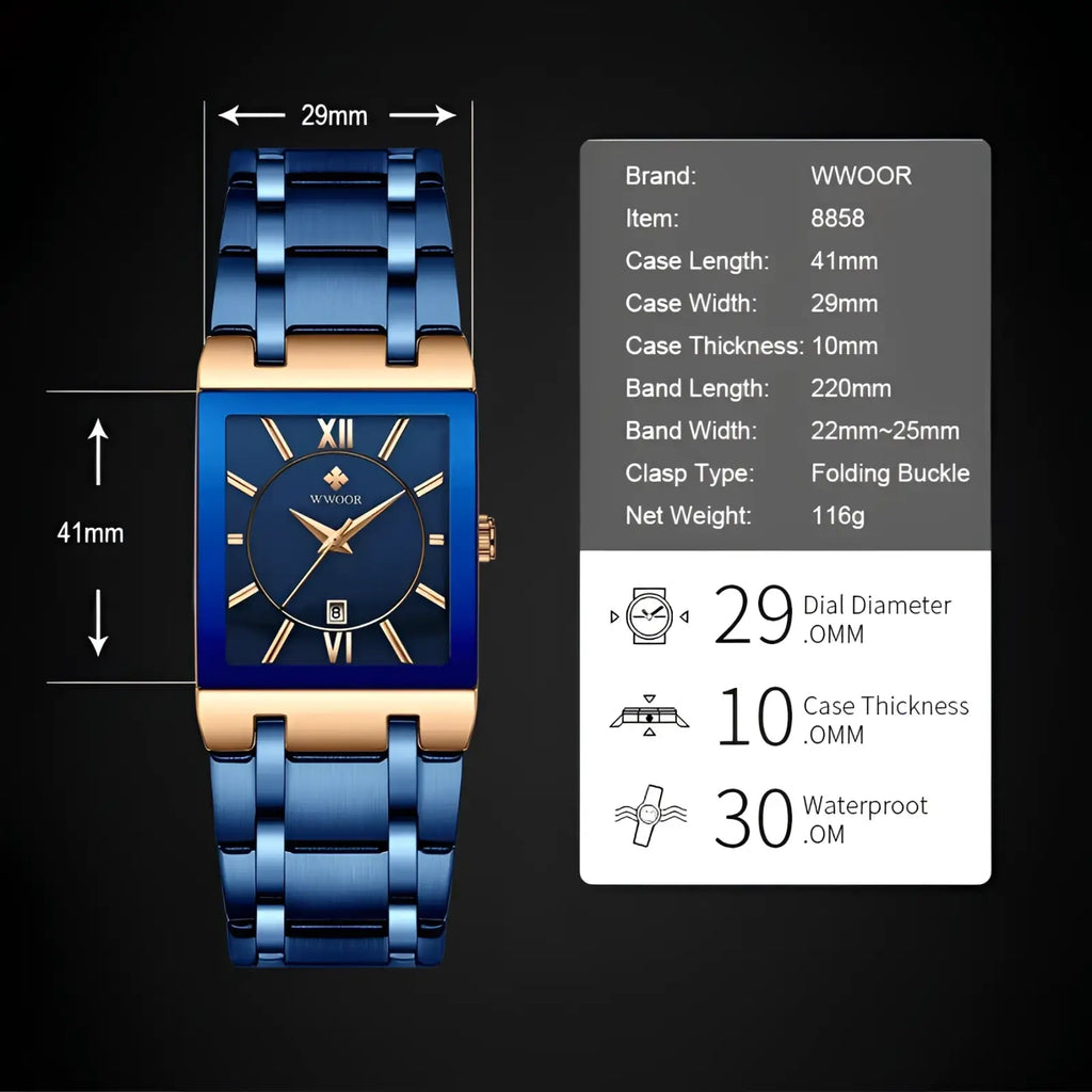 Wwoor blue square women watch luxury stainless steel features a blue dial roman numerals and gold rectangular case