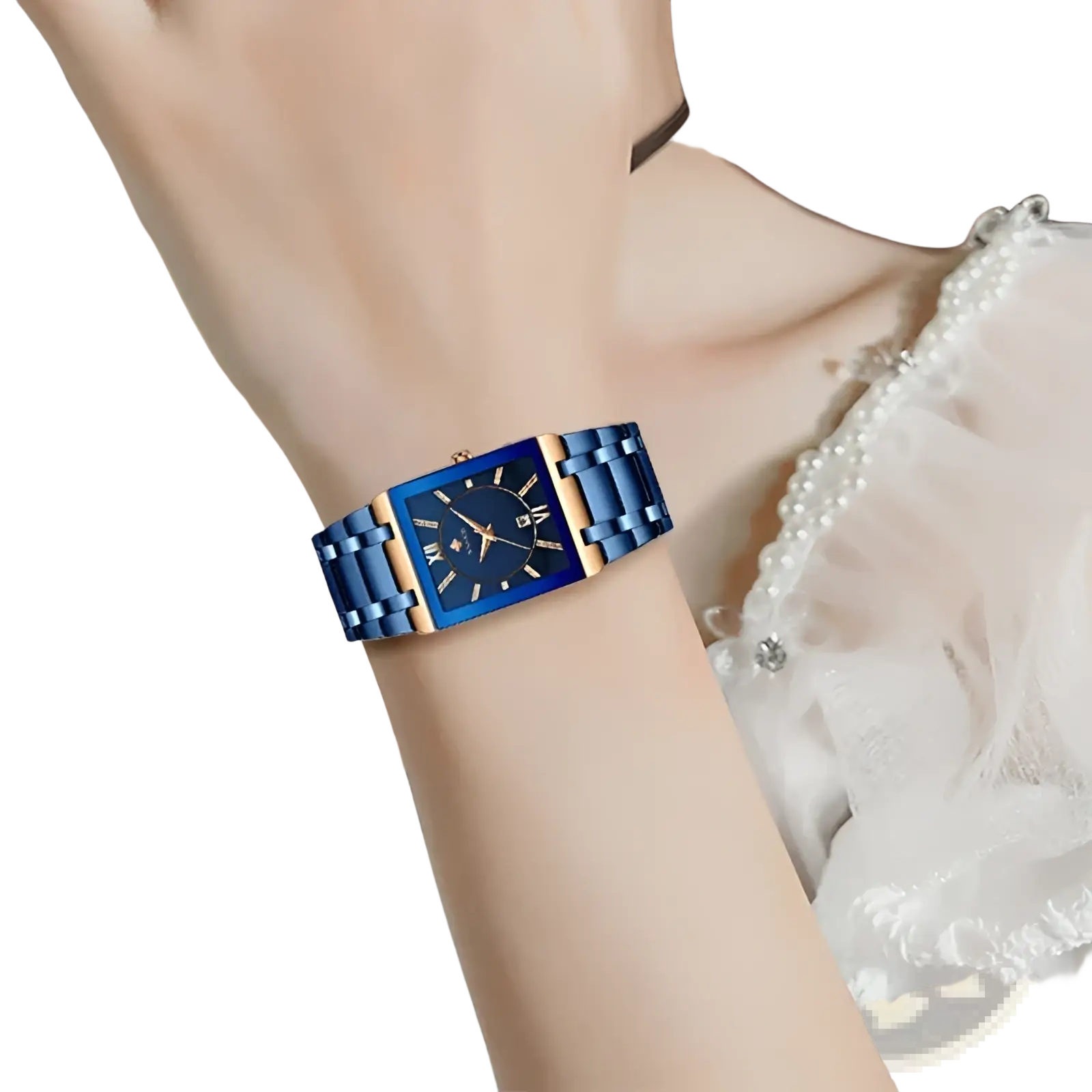 Wwoor blue square women watch with blue rectangular dial, gold-tone roman numerals, and stainless steel band