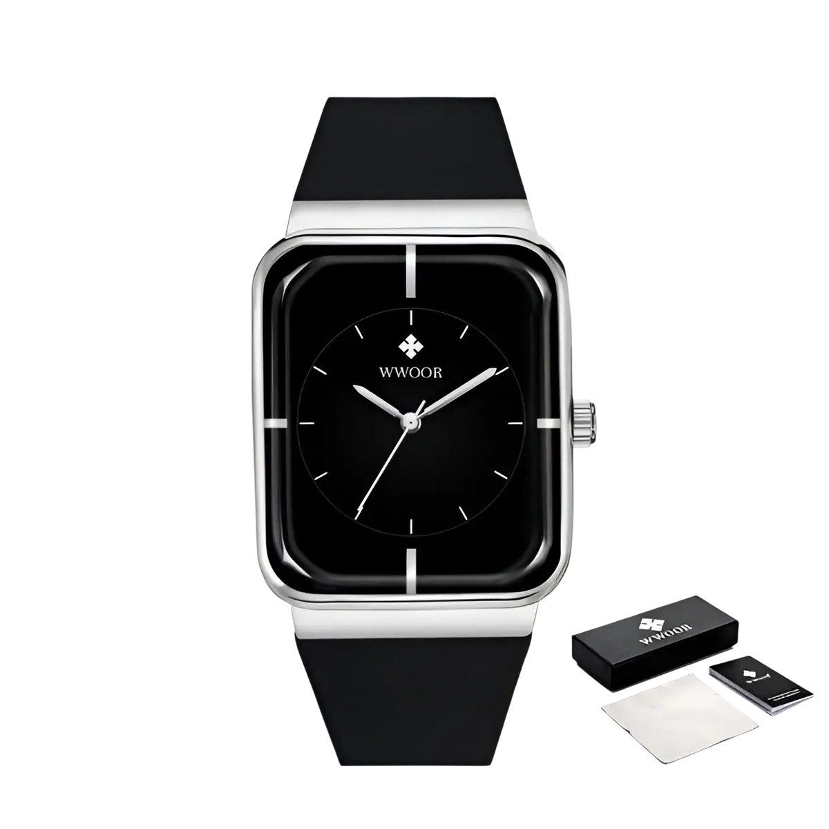 Black wwoor gold rectangle quartz watch with a sleek silver rectangular case and black silicone strap
